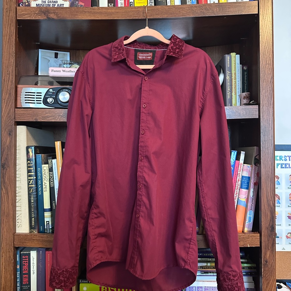Burgundy Button-Up Shirt with Velvet Detail on the Collar & Sleeves
